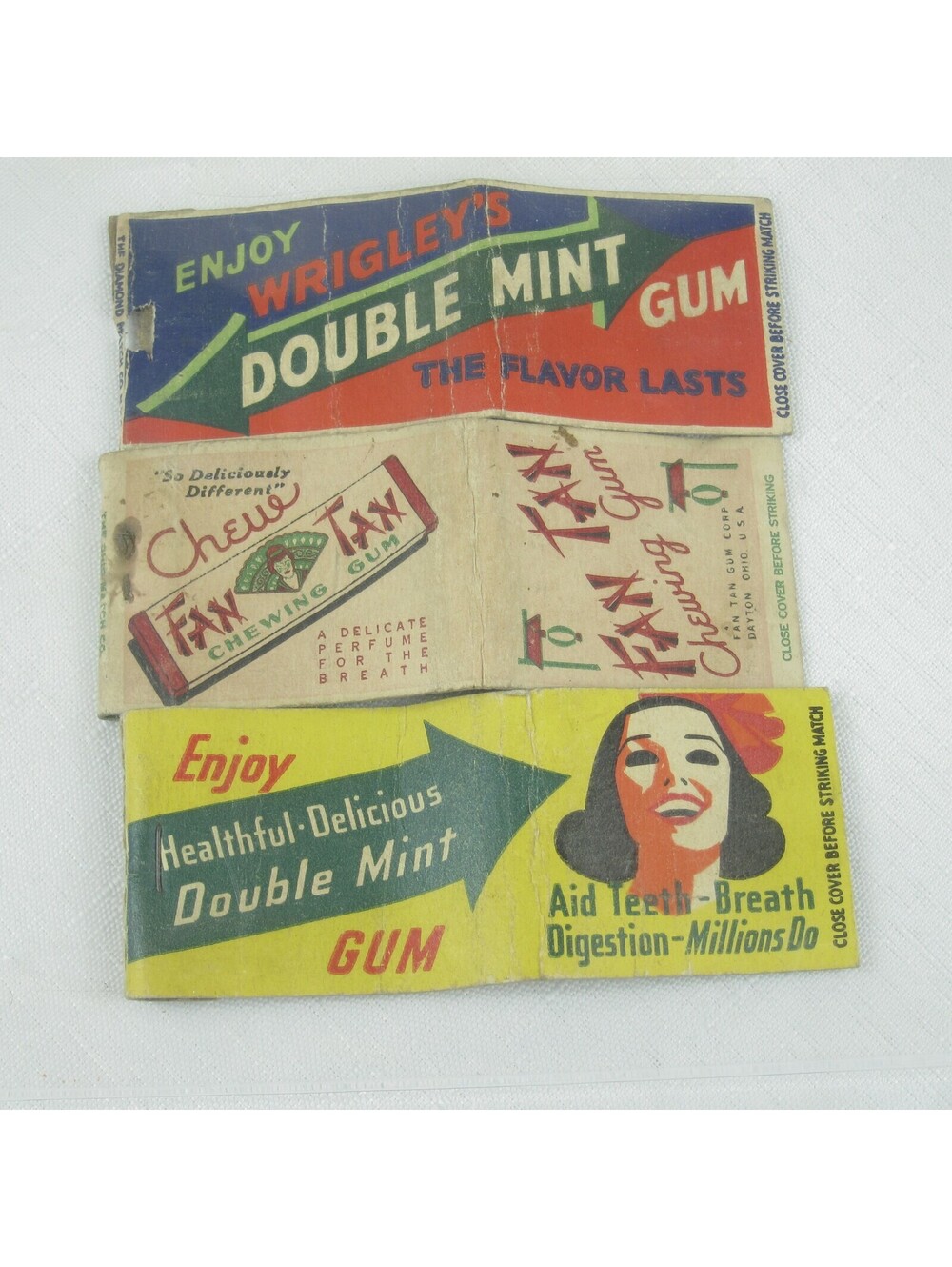 3 Vintage Matchbook Covers Wrigley's Double Mint & Fan Tan Chewing Gum Dayton OH